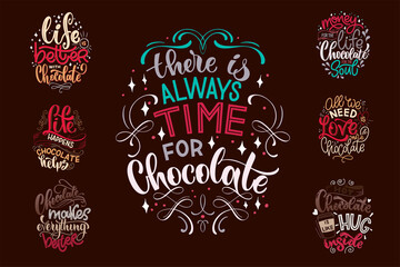 Chocolate hand lettering quotes set. Warm Christmas winter word composition. Vector design elements for t-shirts, posters, cards, stickers and menu
