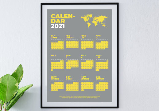 2021 Calendar Layout with Yellow and Gray Accents