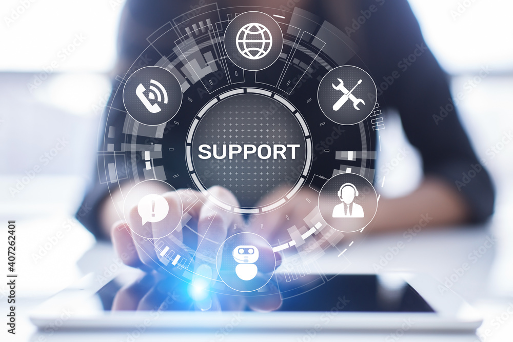 Poster Support button on virtual screen. Customer service and communication concept.