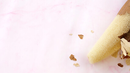 Dry and clean loofah with some luffa fruit skin pieces scattered around, on a pink marble background. With copy space on the left.
