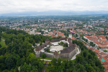 Slovenia Ljubljana historic city center, aerial view