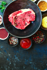 beef steak raw piece of meat second course ready to eat on the table meal snack outdoor top view copy space for text food background rustic image keto or paleo diet