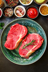 beef steak raw piece of meat second course ready to eat on the table meal snack outdoor top view copy space for text food background rustic image keto or paleo diet