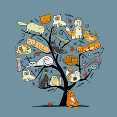 World Cats Day. Art Tree with funny cats for your design