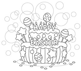 Fancy sweet Easter cake decorated with letters candles, candy stars and chocolate eggs, black and white outline vector cartoon illustration for a coloring book page
