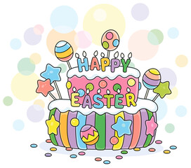 Fancy colorful and sweet Easter cake decorated with color letters candles, candy stars and chocolate eggs, vector cartoon illustration isolated on a white background