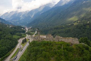 Mesocco Castle in the Swiss Alps aerial