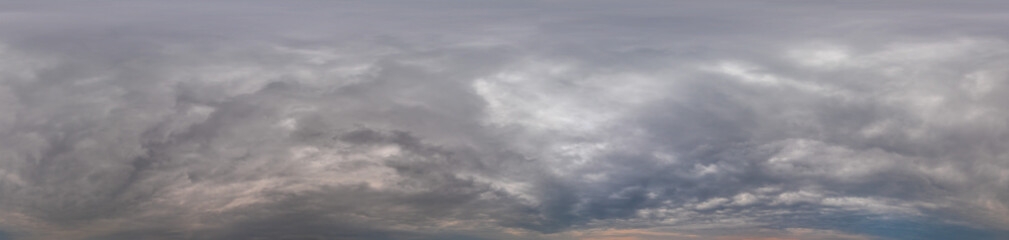 Sky panorama on overcast rainy day with low clouds in seamless spherical equirectangular format....