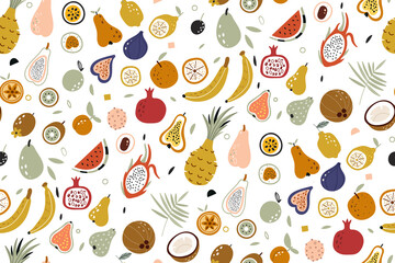 Seamless vector with fruits on white background. Vector repeat background for colorful summer fabric. Hand draw texture. Vector template for cards, banners, print fabric. Tropical seamless pattern