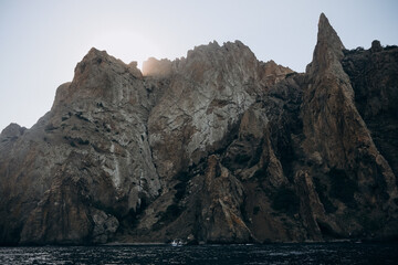 View From Black Sea On Kara Dag Mountain In Sunny Day In Summer In Kurortnoe Settlement, Crimea, Russia. Close Up