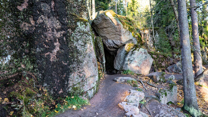 Rocks in the forest Park of Monrepos near Vyborg in Russia