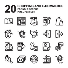 Icon Set of Shopping and E-Commerce. Outline style icon vector. Contains such of discount, choose payment, free delivery, empty, searching product, hot sale and more. Editable Stroke and Pixel perfect