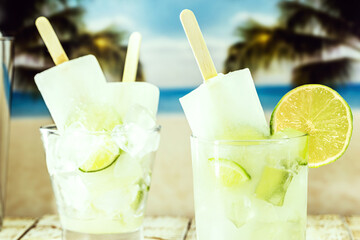 Brazilian lemon drink with distilled alcohol. Ice cream with drink called 