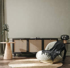 Home interior background, cozy room with natural wooden furniture, Scandi-Boho style, 3d render © artjafara