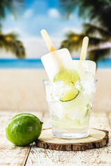 lemon and cachaça popsicle, drink from Brazil called caipirinha served with alcoholic drink ice cream.