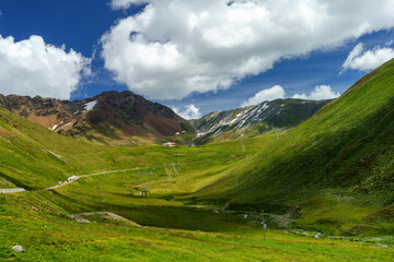 Mountain landscape along the road to Stelvio pass (Lombardy) at summer