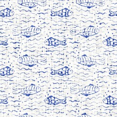 Azure blue white fish linen texture. Seamless textile effect background. Weathered doodle dye pattern. Coastal coCoastal cottage beach home decor. Modern sea life marine fashion repeat cotton cloth.

