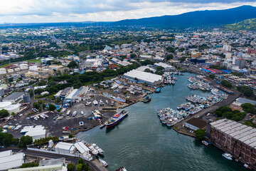 Aerial view, city view of Port Louis with harbor, old town and financial district, Mauritius