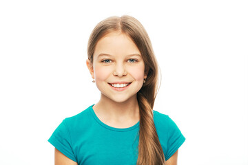 Portrait of a beautiful caucasian girl with a white healthy smile, isolated on white background....