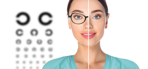 Female face, cut in half to present before and after laser vision correction. Woman face with glasses and without glasses, on background virtual holographic eye chart - obrazy, fototapety, plakaty