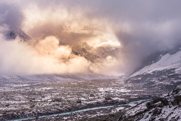 Snow covered beautiful landscape of Chandra river valley in Spiti during winter.  Spiti means 'The Middle Land' is a cold desert mountain valley located high in Himalayas of Himachal Pradesh, India.
