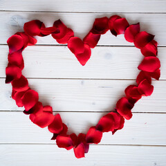 Herz aus Rosenblättern in rot quadratisch auf Holz