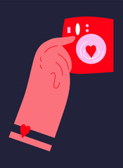 Set of cartoon style hands holding a photo camera. Valentine day hand drawn bright vector trendy illustration. Flat design. All elements are isolated. 