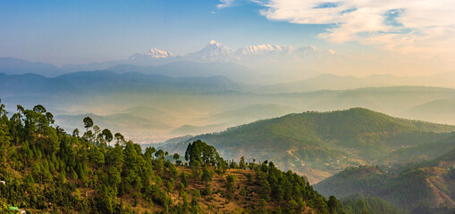 Fototapeta na wymiar View at Kausani, a hill station in Bageshwar district, Uttarakhand, India.