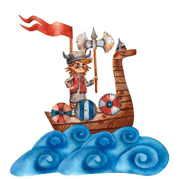 Cartoon illustration of funny viking. Boy portrait. Viking helmet. Ancient scandinavian child. Cute cartoon character. Medieval viking. Cartoon children character.