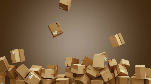 Falling and rotating cardboard boxes. Falling packages. Logistics and retail goods delivery commercial business concept. Professional cinematic slow motion 4K 3d animation.
