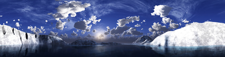 Sunset in the arctic ocean among the ice, the north sea at sunset, snowy shores, 3D rendering