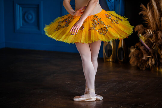Ballerina in a yellow tutu on pointe dancing in a beautiful dark hall