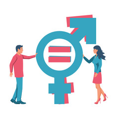 Obraz premium Gender equality concept. A man and a woman are holding a gender equality sign. Male and female equal rights. Standing on balance. Vector illustration flat design.