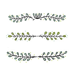 A set of delimiter lines for text decoration. Design elements in doodle style. Natural style, branches, plants. Black outline and colored accents on a white background.