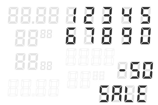 Digital price tag. A set of electronic numbers. Template for supermarkets and shops. Retail price tag. Empty blank LCD calculator digits. Vector illustration flat design. Isolated on white background.