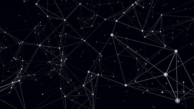 4k plexus background. Geometric pattern with alpha channel. Stock abstract animation with neural network. White lines and dots on black. 