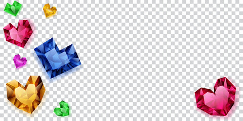 Illustration of multicolored hearts made of crystals witn shadows on transparent background