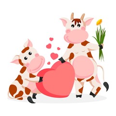 Bulls in love. The symbol of 2021 is a bull and a cow. Romantic date bulls. Vector illustration, print on t-shirt, postcard