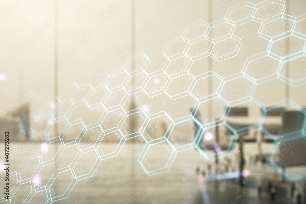 Aufkleber abstract virtual technology sketch with hexagon grid on a modern boardroom background, future techno