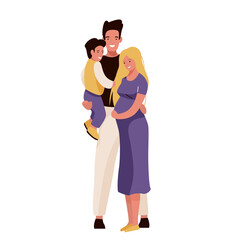 Happy family vector illustration. Mom, dad and son hugging, smiling standing. Father hold child on his hand. Isolated on white background
