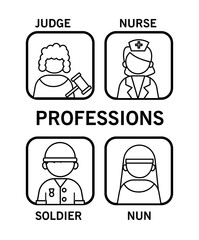 group of four professionals workers with differents occupations and lettering