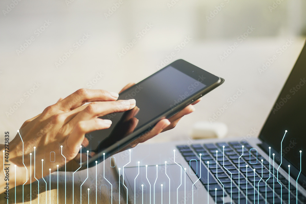 Aufkleber creative concept of microscheme illustration and finger clicks on a digital tablet on background. bi