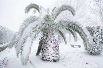 an unusual image of a large palm tree with large leaves buried under a thick layer of snow, concept...
