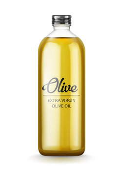 Extra virgin olive oil glass bottle. Realistic template for label design. Isolated on white transparent background. Vector illustration.