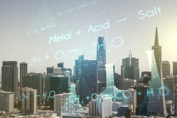 Fototapeta na wymiar Creative chemistry hologram on San Francisco office buildings background, pharmaceutical research concept. Multiexposure