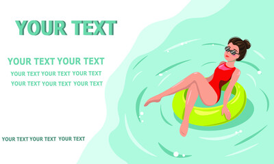 Young beautiful girl sunbathes on an inflatable ring in the pool or on vacation. Summer vacation, pool party concept. Place for your lettering .Vector illustration.