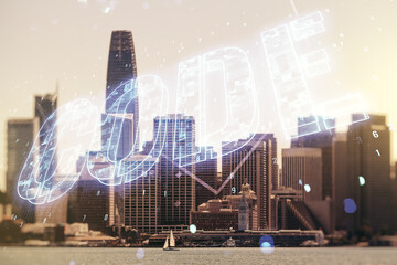 Code word hologram on San Francisco skyscrapers background, artificial intelligence and neural networks concept. Multiexposure