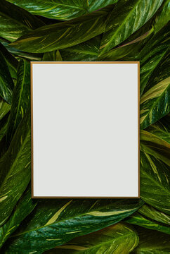 Top view of empty golden frame and white paper  with copy space and green fresh tropical leaves..Nature background.