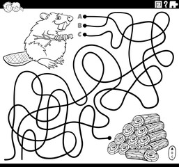 line maze with cartoon beaver and wood logs coloring book page