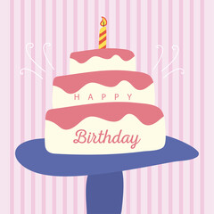 happy birthday cake with candle and lettering celebration flat style icon